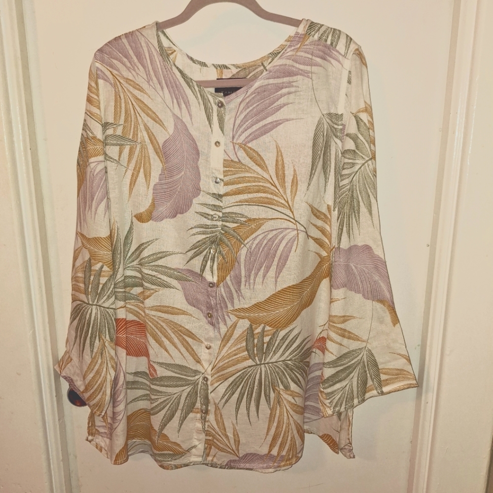 Tahari 2X 100% Linen Leaf Print Long Sleeve Button Down Blouse Top